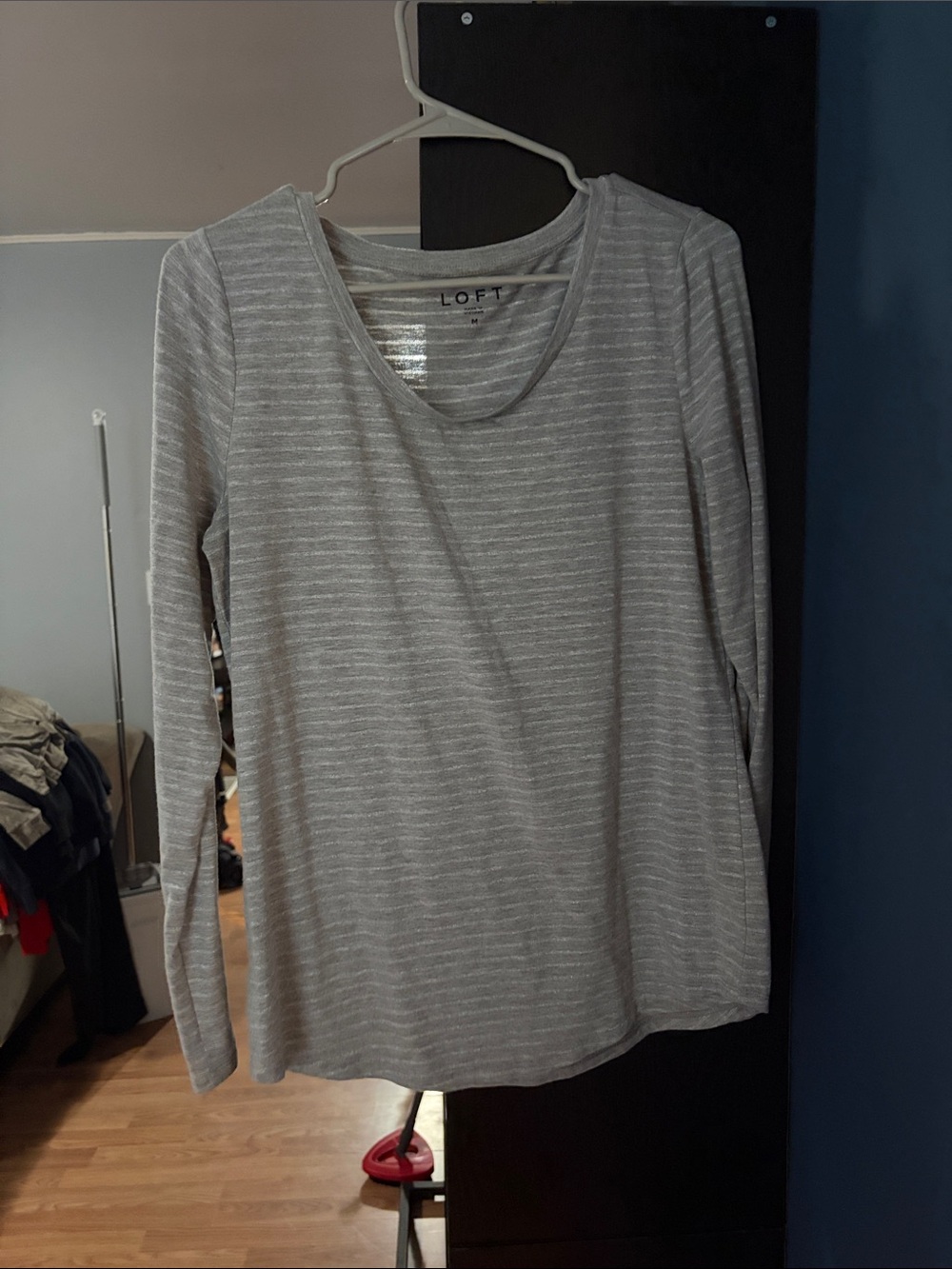 LOFT Light Gray and White Striped Long-Sleeve Tee